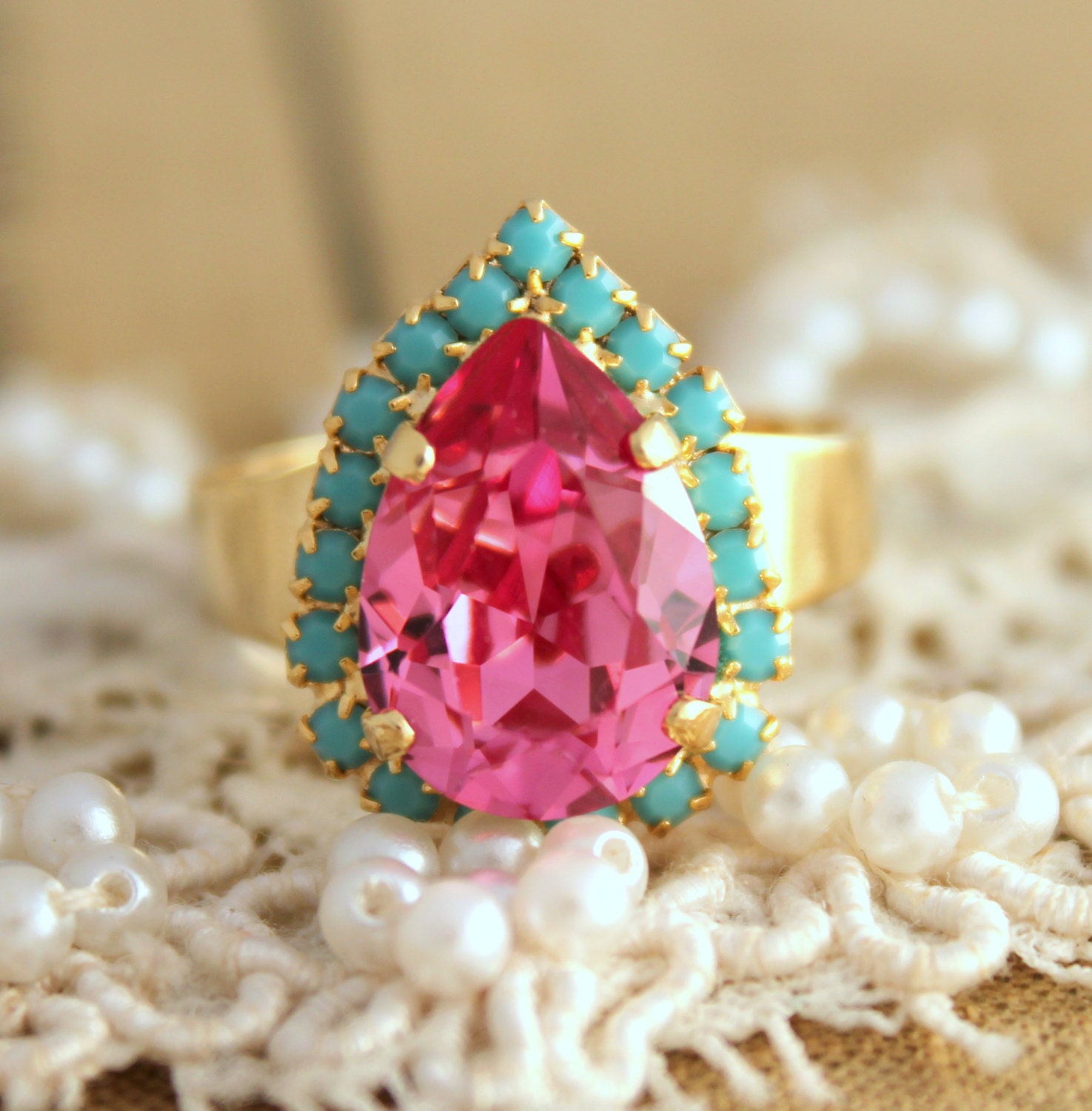 Pink turquoise adjustable ring - 14 k plated gold adjustable ring real swarovski rhinestones.