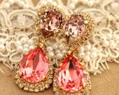 Crystal peach pink chandelier  earring - 14 k plated gold  earrings real Swarovski peach vintage pink Crystals