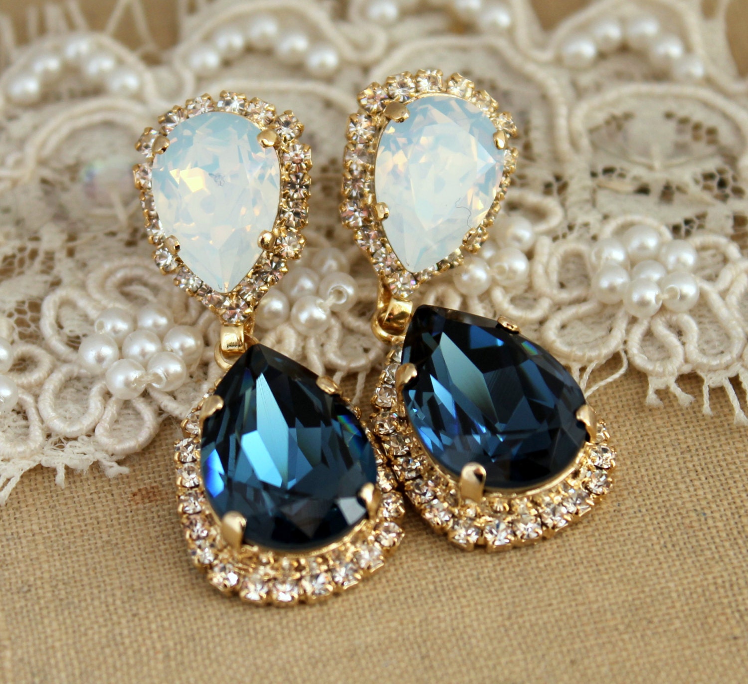 Blue chandelier earring - 14 k plated gold  earrings real Swarovski blue crystals.