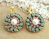 Rhinestone earrings Pastel Aqua pink and Pearls - 14k Plated gold earrings with real Swarovski crystals.