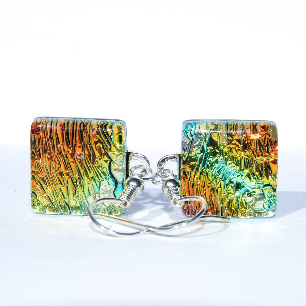 Dichroic Glass Earrings, Fused Glass Jewelry, Sparkle, Summer, Sterling Silver Wires, Rainbow, Hippie, Orange Green Yellow (Item 30465-E)
