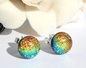 Petite Dichroic Glass Studs - Fused Glass Jewelry, Sterling Silver - Summer Fun, Colorful, Blue Yellow Orange - 5/16" 8mm (Item 30568-E)