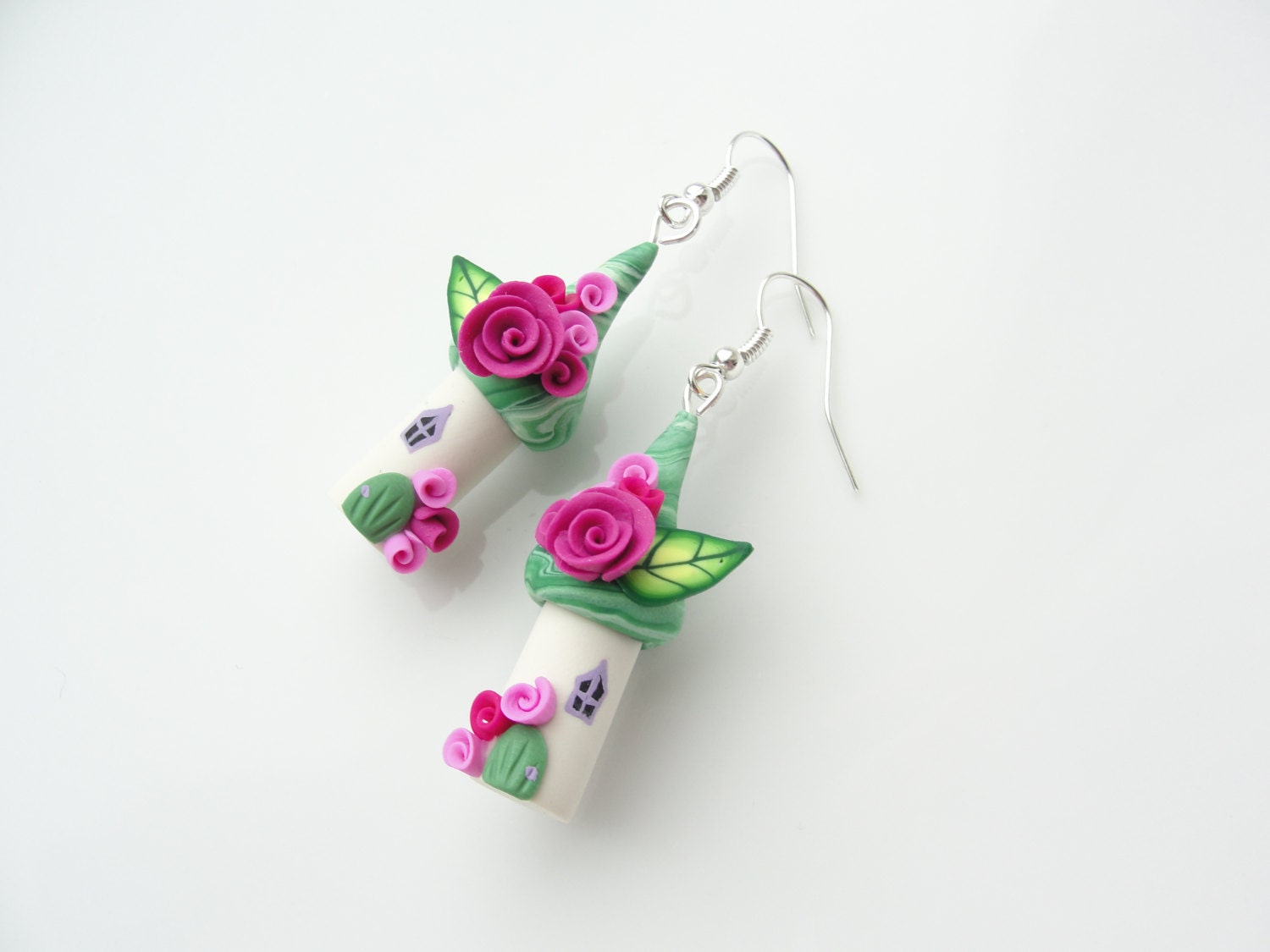 Miniature fairy house earrings in deep pink and green colours handmade from polymer clay
