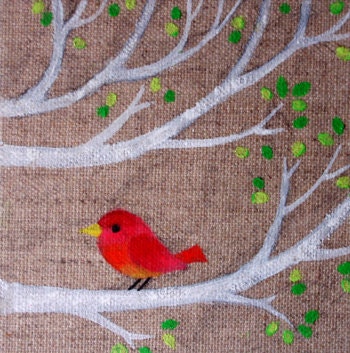 tweet tweet little bird on branch Painting Wall Art Oil Crayon on Linen Canvas Panel Original Art Work