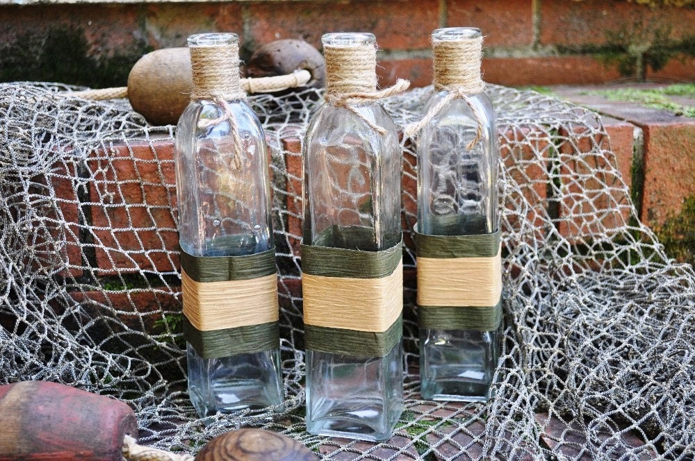 Beach Upcycled Vases Bottles Collection Set of 3 Upcycled in Natural Papers and Jute Cottage Chic Rustic