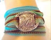 Silver Initial Silk Wrap Bracelet, Wax Seal Jewelry, Eco-friendly, Personalized, Boho Style, Yoga Jewelry, Reversible, Anthropologie
