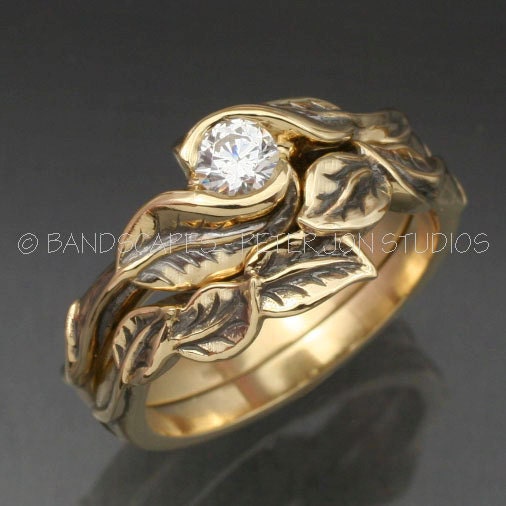 WEDDING RING SET -14k Yellow , Rose Gold or White Gold - Delicate Leaf Engagement ring with matching Wedding Band.