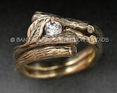 14k Gold, KIJANI Wedding Set, Engagement Ring and matching Wedding Band, Set with White Sapphire in 14k yellow or white gold
