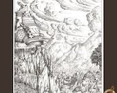 Black and White fantasy landscape illustration of a mountain city and observatory