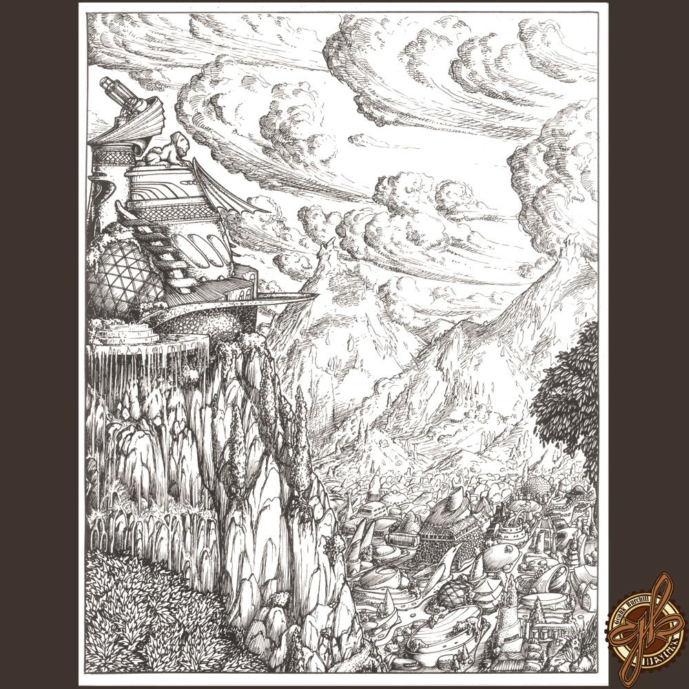 Black and White fantasy landscape illustration of a mountain city and observatory