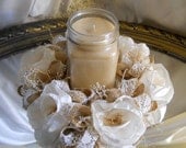 Burlap Candle Ring Centerpiece or Wreath handmade of ivory silk, burlap, lace and babies breath. Measures 9" across