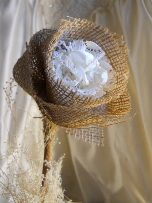 1 Large 17" Tall Burlap Peony Flower Stem for weddings, table decor, centerpieces. Burlap, lace and natural twig stem.