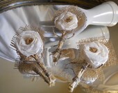 Burlap Boutonniere, handmade of silk, lace, twine and natural burlap. Available in Ivory, White or Black. Select color when purchasing.