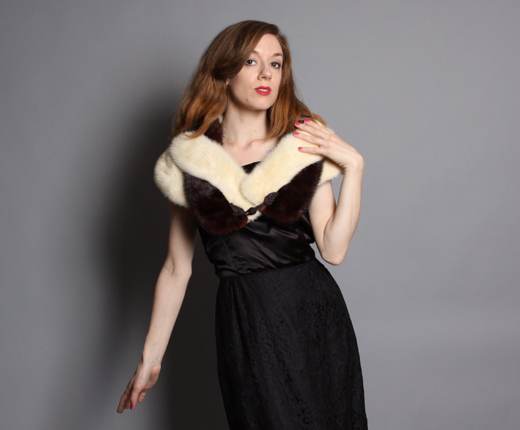 1960s Brown & White MINK STOLE / Braided FUR Shawl