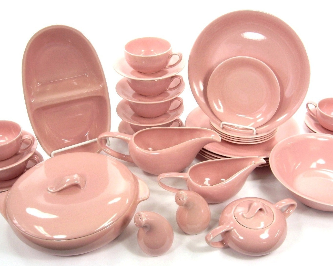 1950's Vernonware Casual Calif Pink Dinnerware Set / Salt and Pepper / Covered Casserole / Cream and Sugar / Gravy Boat
