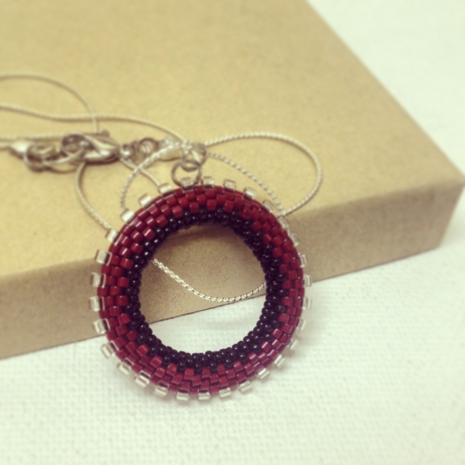 Modern Chic Beadwork geometric pendant necklace. Deep red black silver steampunk inspired. Seed beads jewelry. office fashion