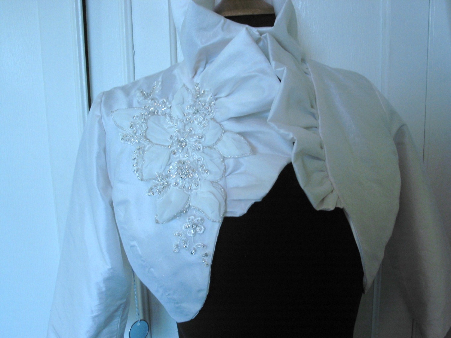 Off-white Silk Ruffled Bolero with Crystal Applique Detail -OOAK
