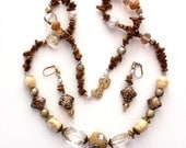 handmade brown, beige necklace, earring jewelry set