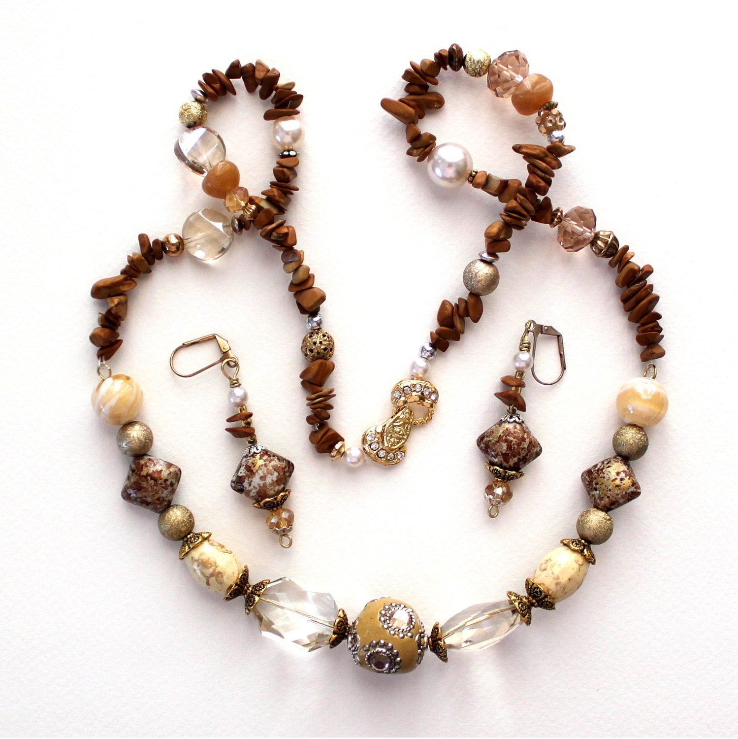 handmade brown, beige necklace, earring jewelry set