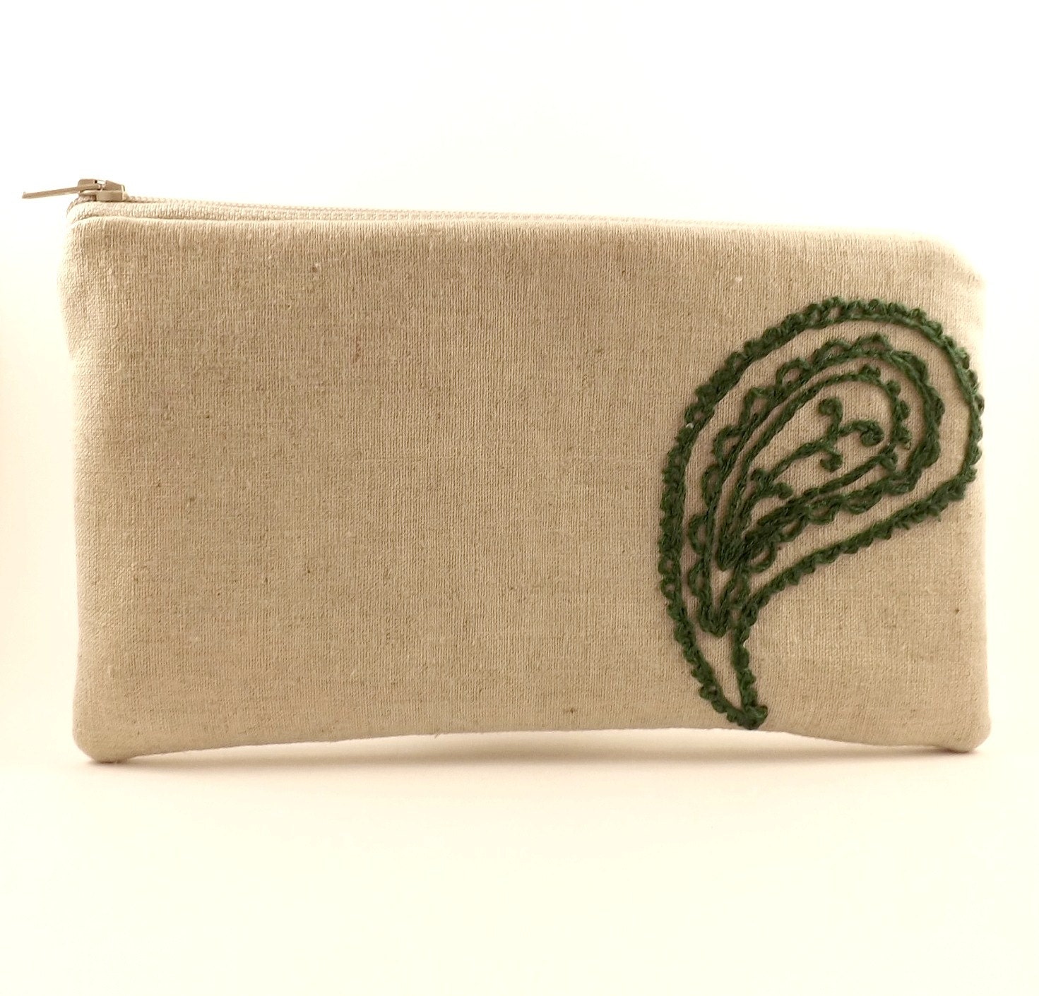 Ready to Ship: Embroidered/ Emerald Green/Zipper Pouch/Clutch Pouch/Paisley/Gift Idea