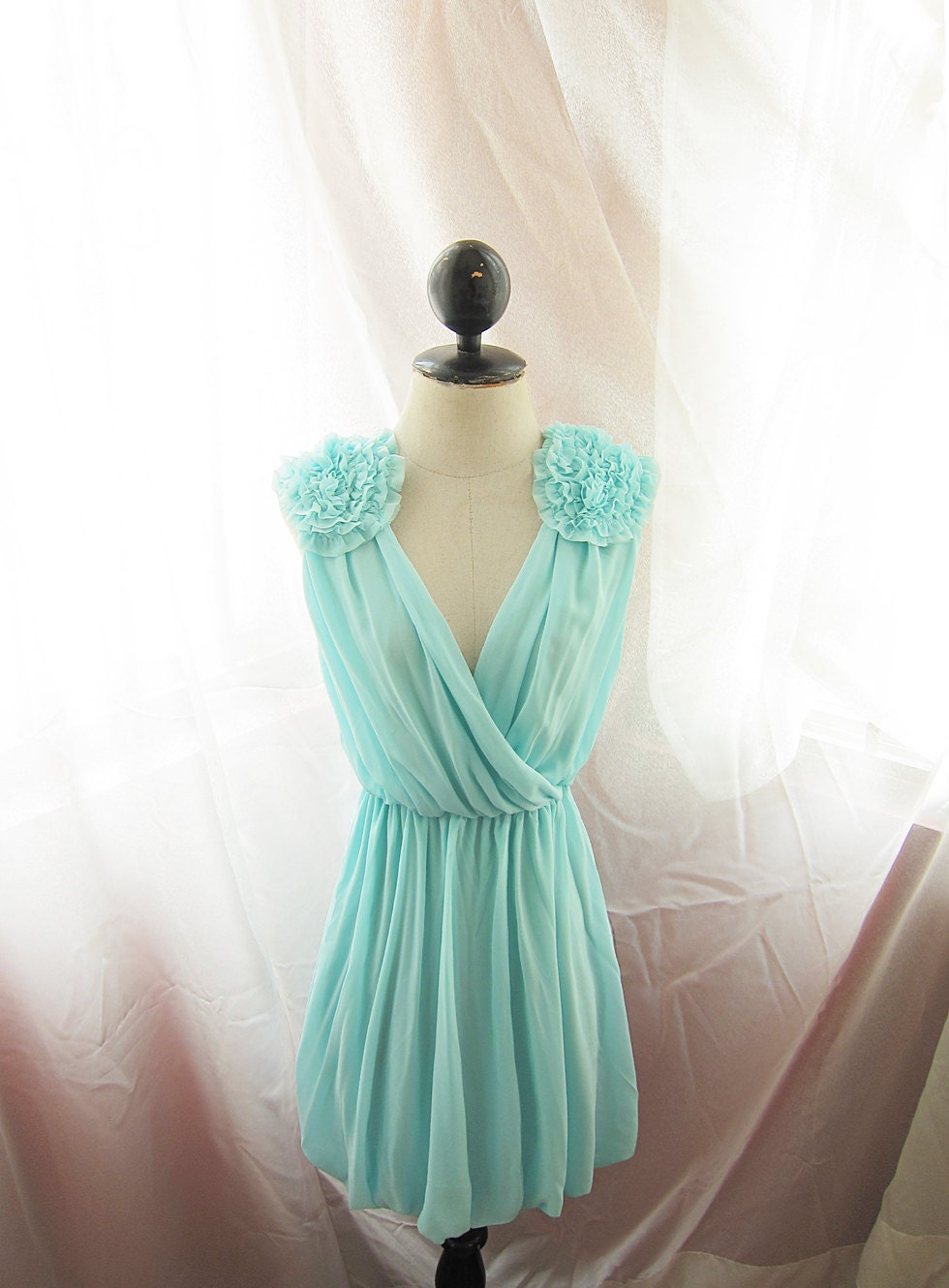 Alice in Wonderland Marie Antoinette Jane Austen Minty Blue Seafoam Green Mint Chrysanthemum Bubble Hem Mille Feuille Cutouts Chiffon Dress