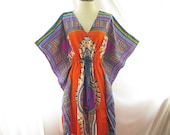 Bohemian Mexican African Maxi Kimono Fretwork Aztec Orange Purple Seville Tribal Tie String Lounge Exotic Kaftan Coverup Hippie Long Dress