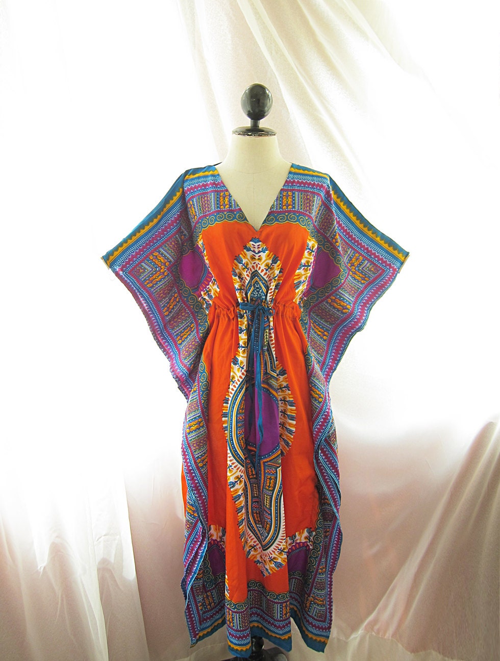 Bohemian Mexican African Maxi Kimono Fretwork Aztec Orange Purple Seville Tribal Tie String Lounge Exotic Kaftan Coverup Hippie Long Dress