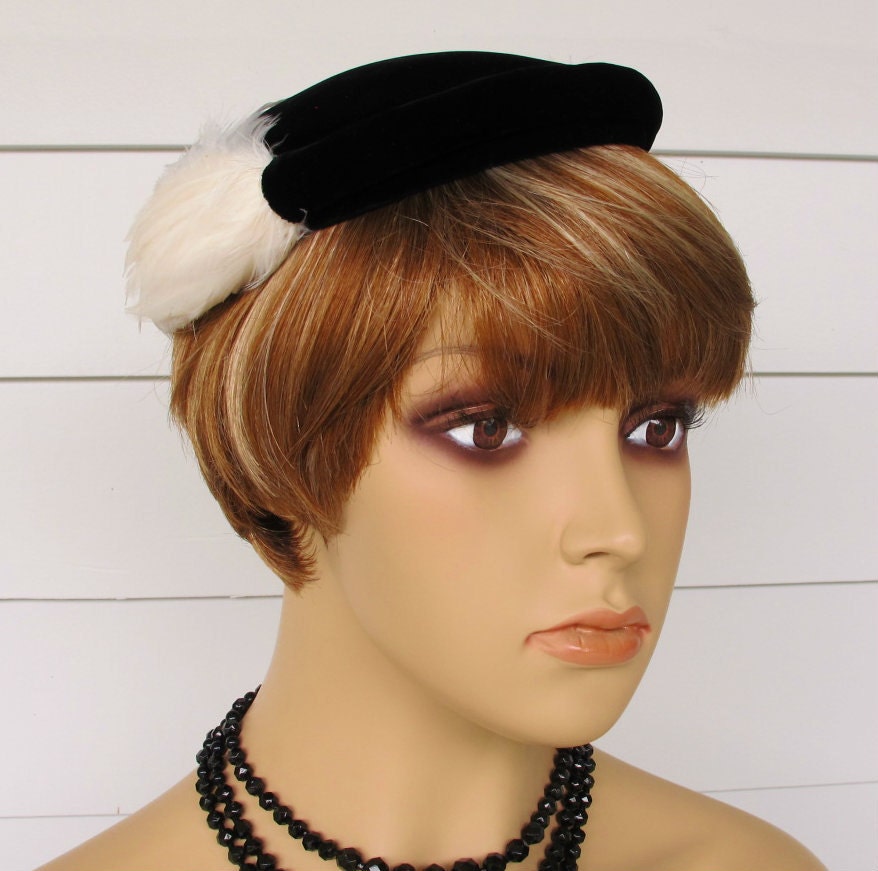 Vintage Hat Black Velvet With White Feathers By Bernard Workman