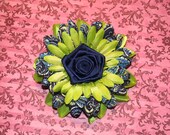 Navy and Lime Green Paisley Flower Hair Clip - Pinup Rockabilly Accessory