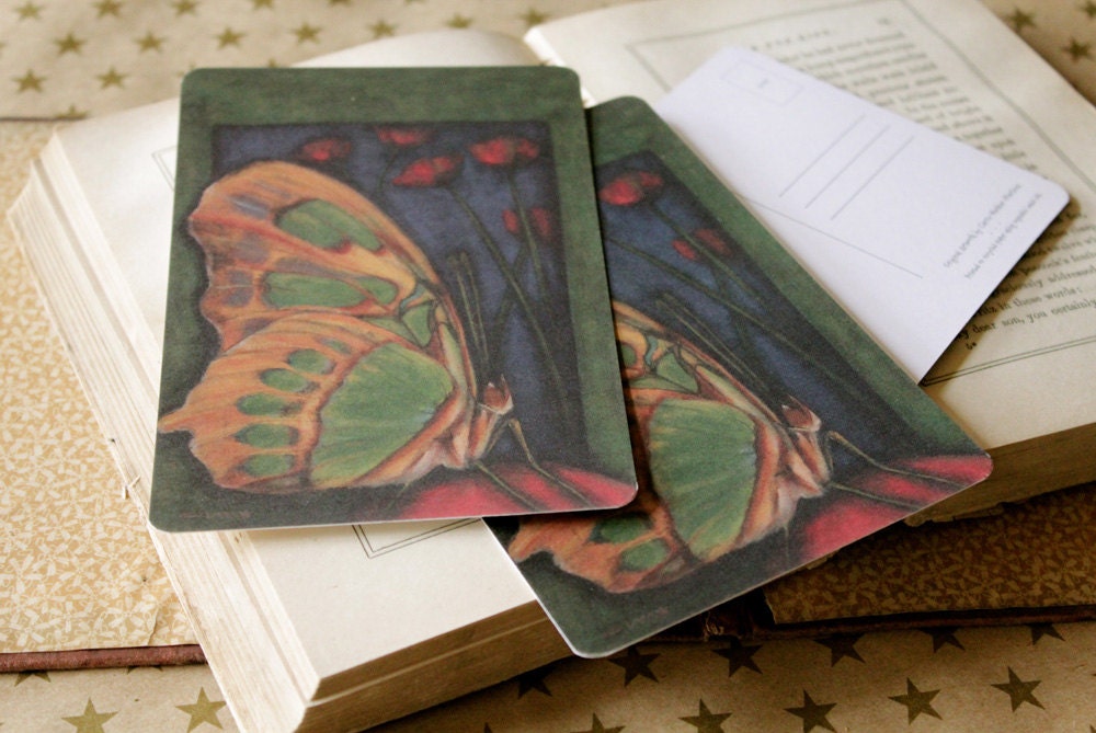 Butterfly Artwork Collection Postcard Set of 4 Garden Party 4 x 6 Garden Chrysalis Pupa Lepidoptera Flowers Scarlet Poppies Roses Fairy