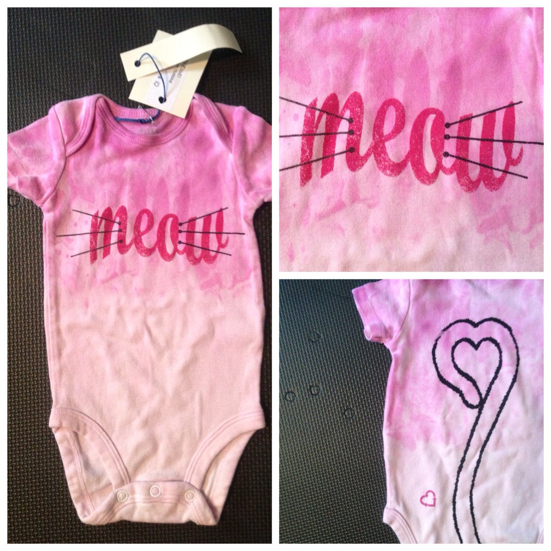 Meow the Love Tail Kitty - water colour 100% cotton onesie 0-3m