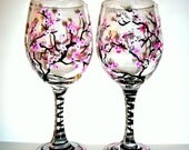 Cherry Blossoms Hand Painted Wine Goblets Set of 4 / 20 oz. Wine Glasses, Spring Wedding, Made To Order