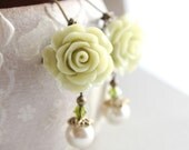 Rose Earrings, Light Green, Pearl Drop, Floral Dangle, Pastel, Lime Green, Easter, Leverback, Nature Nickel Free, Bridal Wedding, Flower