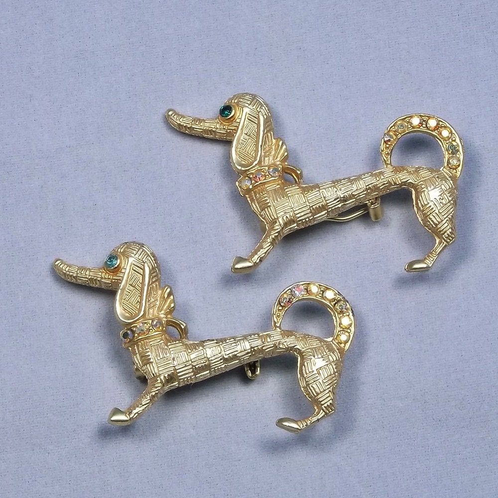 Vintage Dog Brooch Set Rhinestone Weiner Dogs Dachshund