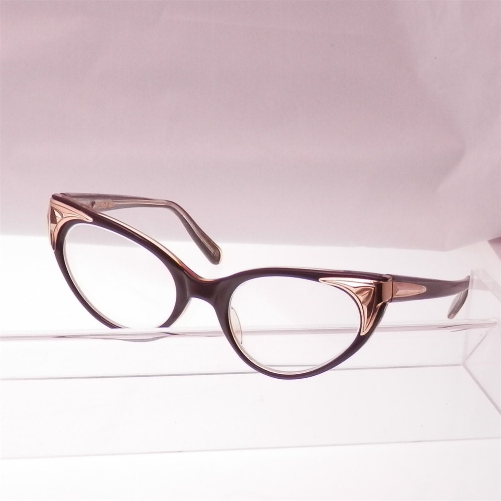 Vintage 1960s Cat Eye Glasses Brown with Gold Tone Trim