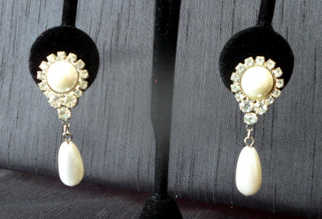 Vintage Rhinestone and Faux Pearl Drop Earrings