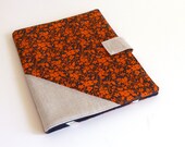 Tablet Cover -- Orange and Navy Flowers with Linen -- fits iPad, ready to ship