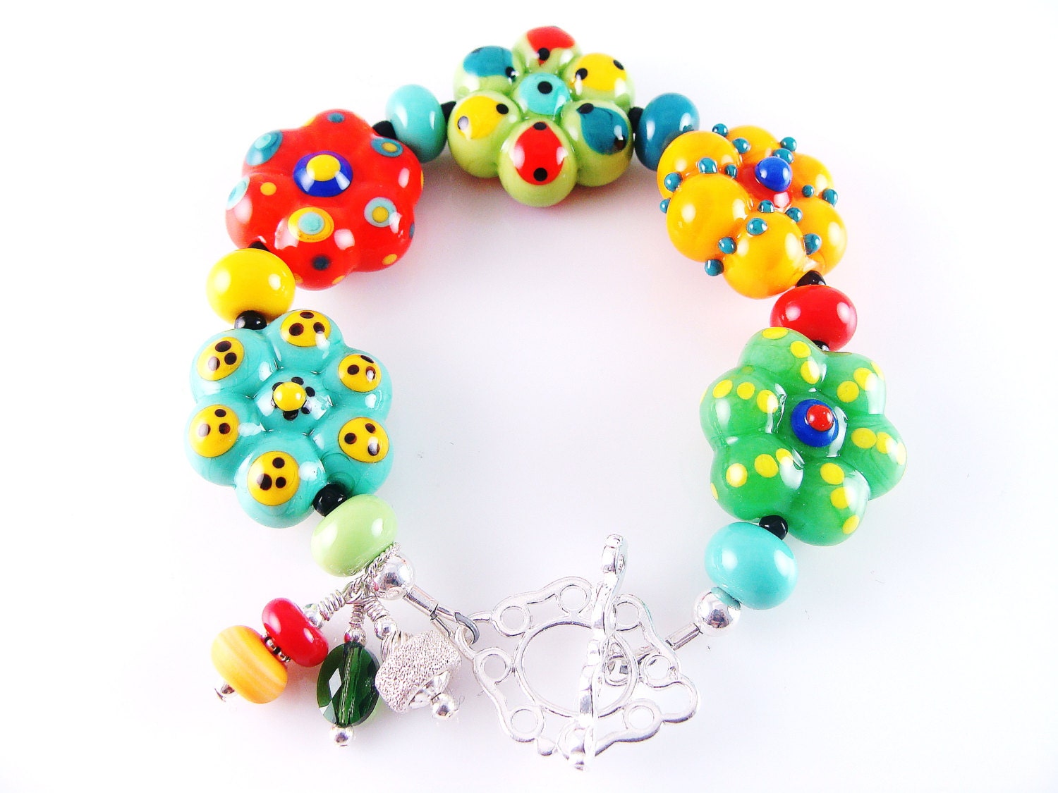 Flower Lampwork Bracelet, Glass Bead Bracelet, Colorful Bracelet, Lampwork Jewelry, Yellow Green Bracelet, Beadwork Bracelet