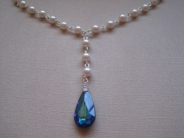 Wedding Brides Swarovski Pearl Necklace Handmade with Blue Crystal Focal