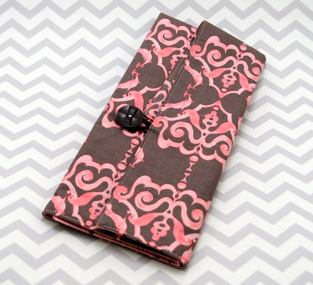 Double Pointed Knitting Needle Organizer Or Pencil Crayon Organizer - Pink and Brown Birds Fabric