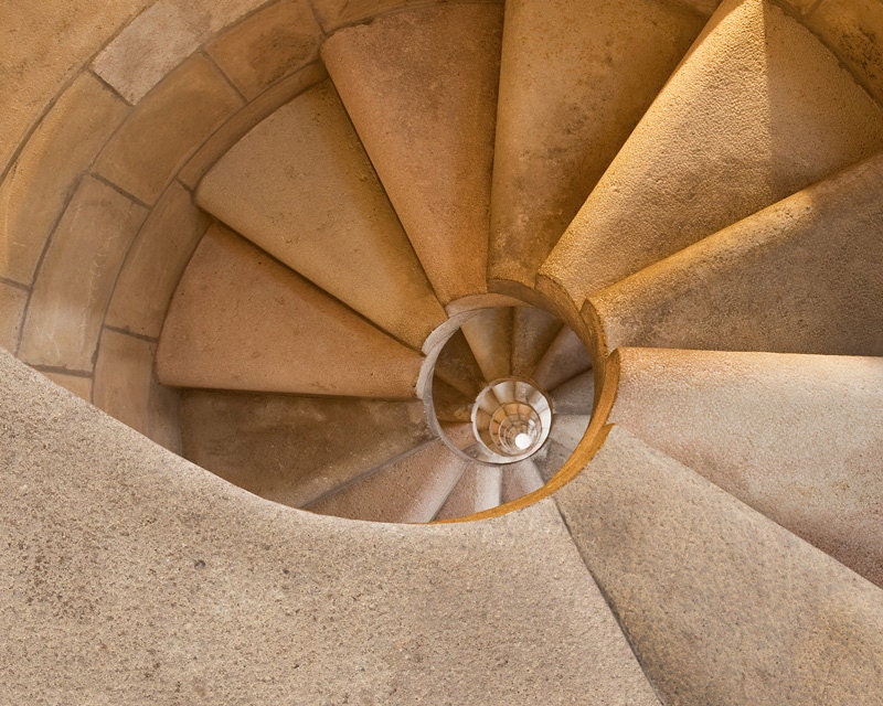 spiral stairway, gold warm tone, stone architecture - Stone Spiral 8 x 10