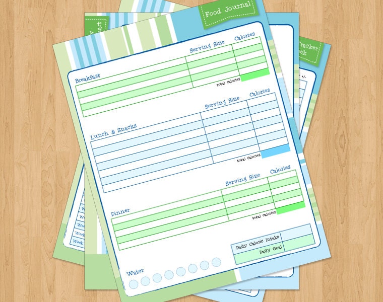 INSTANT DOWNLOAD Weight Loss Journal, Health and Fitness Journal, printable, Green & Blue