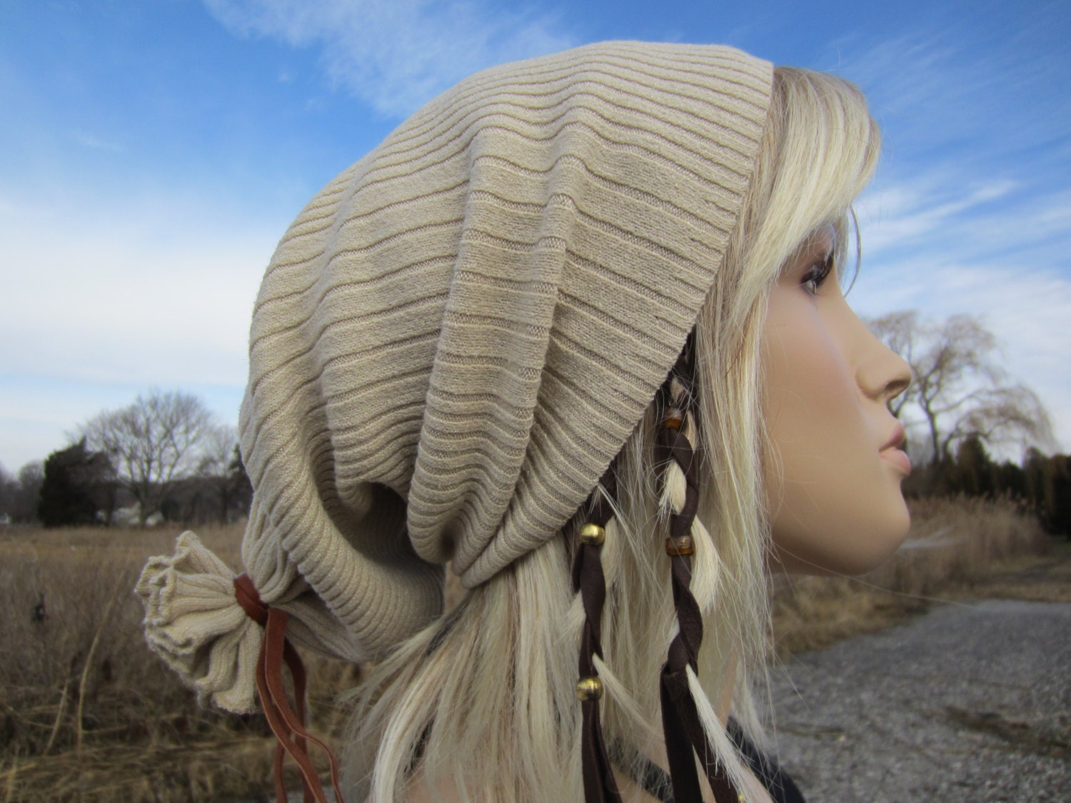 Stripe Skully Slouchy Beanie Striped Cotton Cable Mens / Ladies Hat Ivory Taupe Cotton  A905