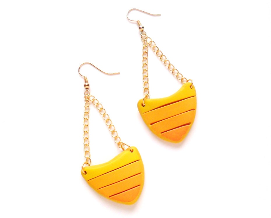 Polymer clay asymmetrical fashion earrings yellow orange striped arrow shaped geometrical dangle earrings