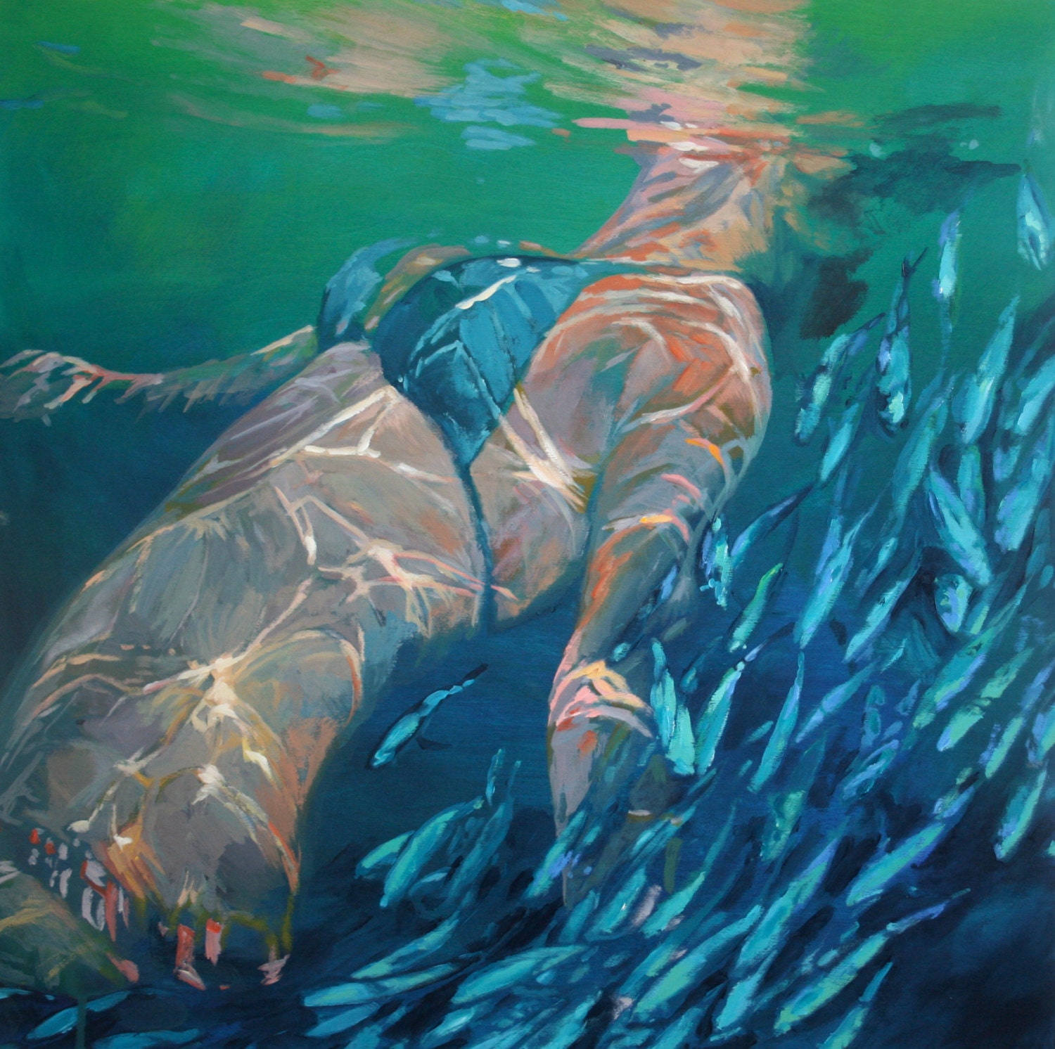 Large original Acrylic painting // Wading .  24" x 24"
