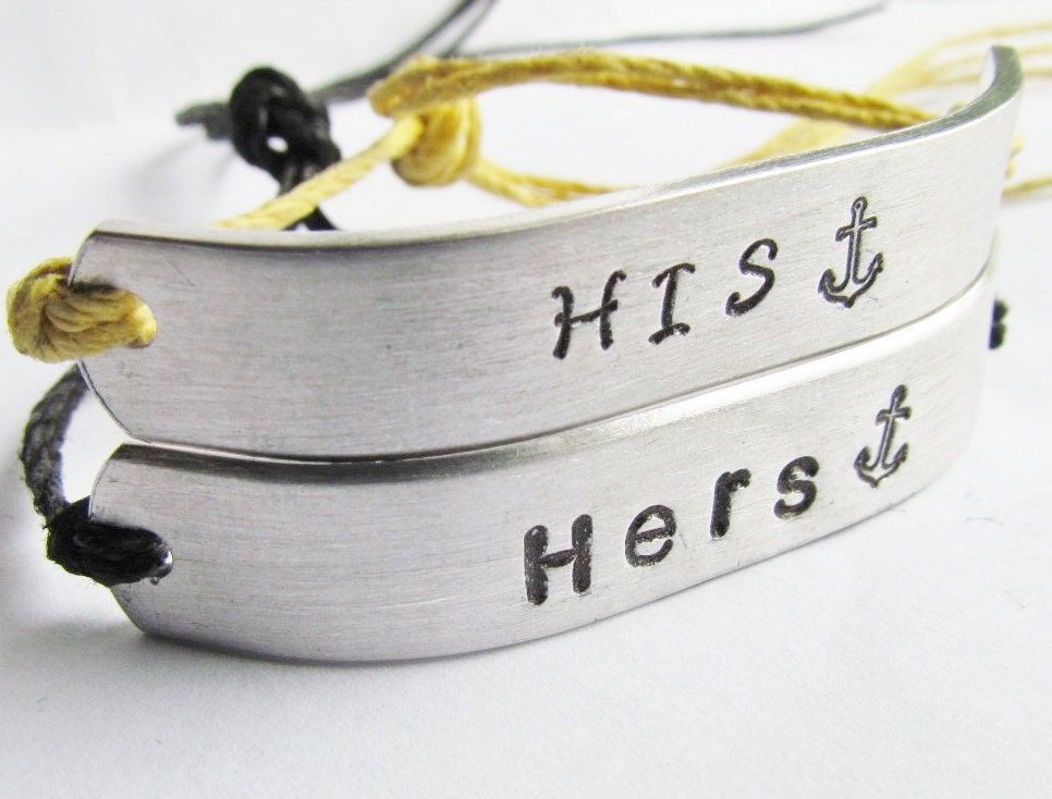 Set of 2 Bracelet Friendship His and Hers Couples Custom Hand Stamped Name Tie On Hemp Cord