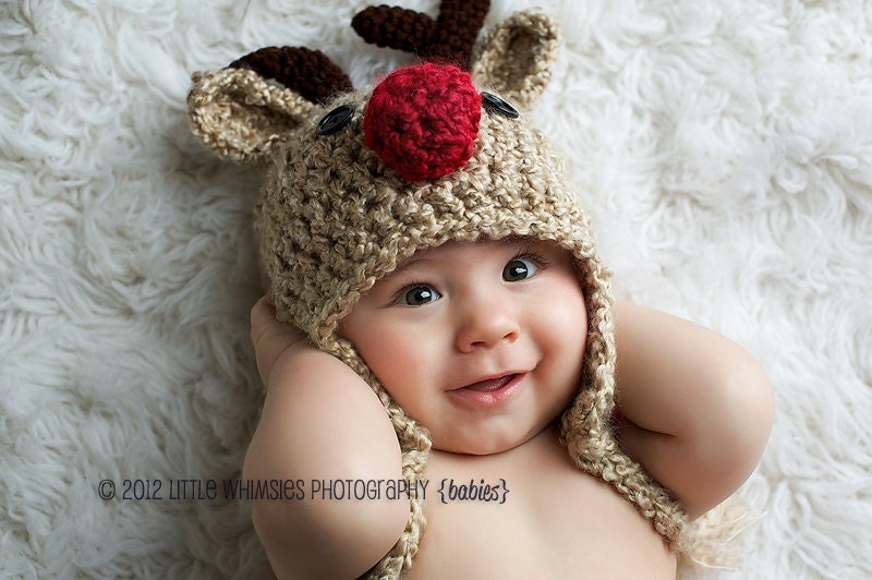 Baby Hat - Reindeer Hat - Baby Reindeer Hat -  0 - 3 months  Cute and Soft Earflap - by JoJosBootique