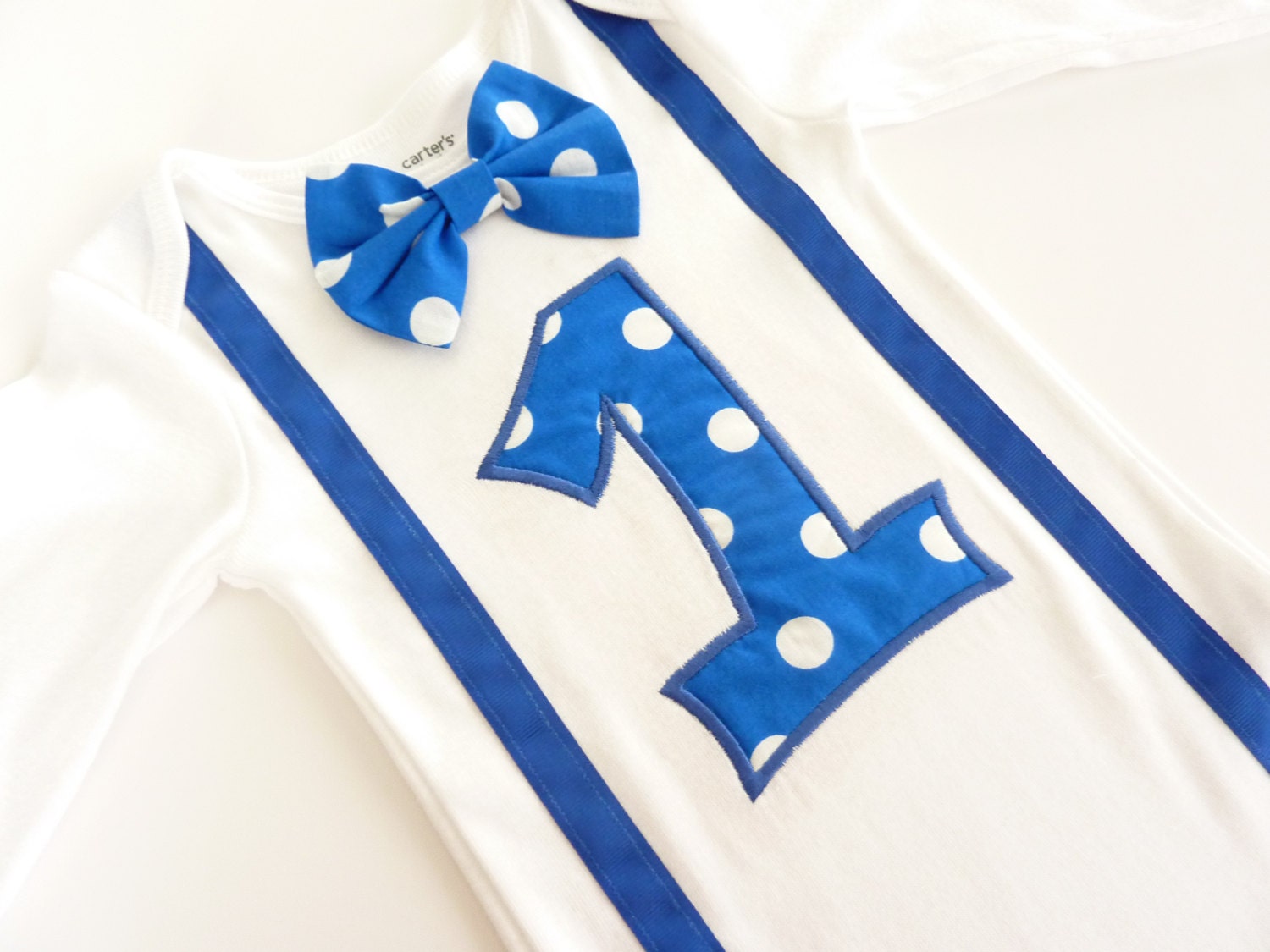 Short or Long Sleeve Blue Polka Dot First Birthday Suspenders with Matching Bow Tie