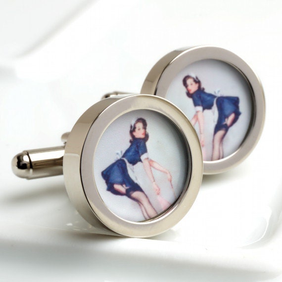 Vintage Pin Up Cuff Links of a Short Skirted Maid 1950s Kitch Fun
