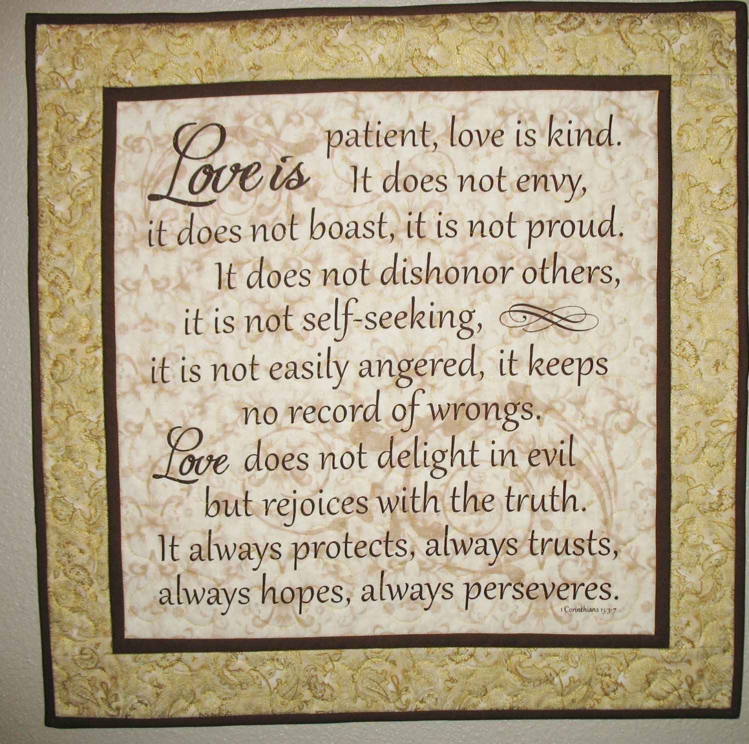 Scripture Wall Hanging or Table Topper fabric from Timeless Treasures and R. Kaufman Corinthians 13 3-7